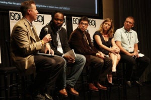 Cases of news innovation and entrepreneurship - Research panel, featuring L to R: J. Richard Stevens, Bruce Mutsvairo, Jonathan Groves, Carrie Brown-Smith, and Lawrie Zion. (Nicole Raney/Knight Center)