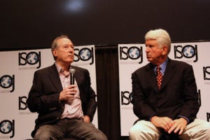 Bob Metcalfe, professor from UT-Austin, and Dan Gillmor, founding director of the Knight Center, speak during the 2012 ISOJ on Apr. 21, 2012. (Nicole Raney/Knight Center)