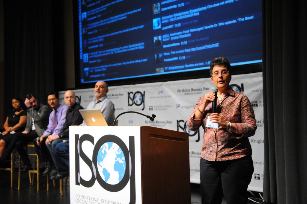 Mindy McAdams, professor and Knight Chair at The University of Florida, answers questions from the audience during the 14th International Symposium on Online Journalism. (Erika Rich/Knight Center)