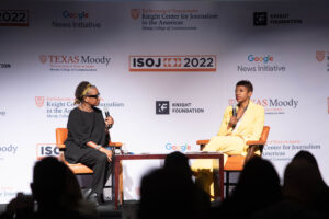 Two women discuss journalism in the digital age during ISOJ 2022.