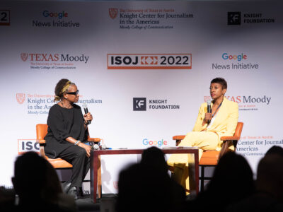 Two women discuss journalism in the digital age during ISOJ 2022.
